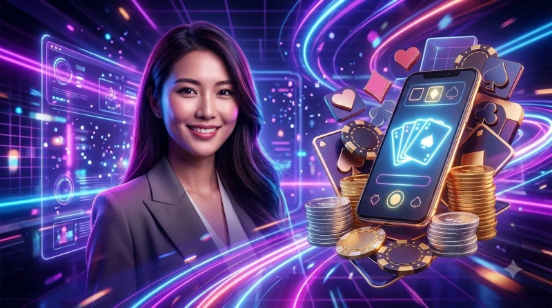 Bộ bài Phỏm với biểu tượng vàng trên nền casino sang trọng