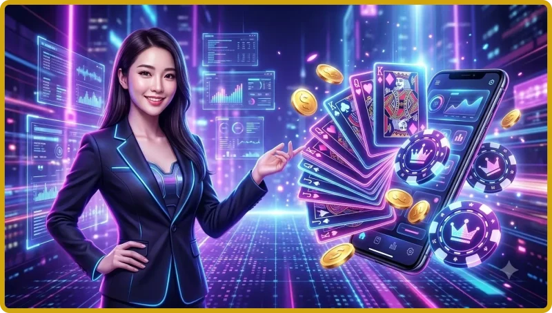 Bộ bài Phỏm với biểu tượng vàng trên nền casino sang trọng