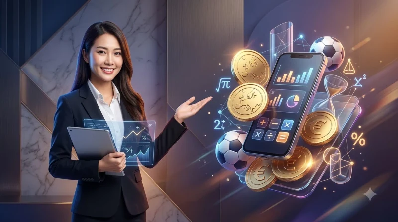 Cách tính tiền kèo Châu Âu - bàn tay cầm tiền xu vàng với máy tính và bóng đá