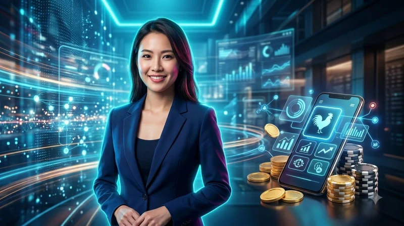 Điện thoại với giao diện checklist, cùng biểu tượng đăng ký, tiền vàng và gà chọi, minh họa các bước tham gia đá gà i9bet