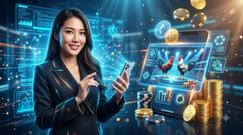 Gà chọi uy nghi trên nền công nghệ cao với tiền vàng và điện thoại, thể hiện sức hút của đá gà i9bet