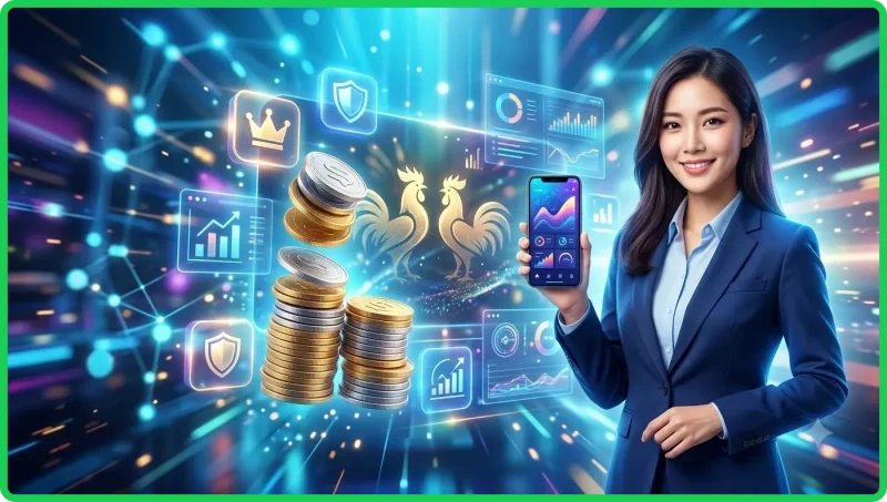 Gà chọi uy nghi trên nền công nghệ cao với tiền vàng và điện thoại, thể hiện sức hút của đá gà i9bet