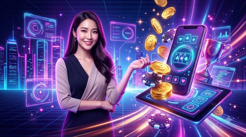 Khái niệm Baccarat trực tuyến với bàn chơi và chip phát sáng