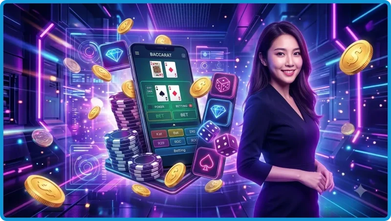 Khái niệm Baccarat trực tuyến với bàn chơi và chip phát sáng