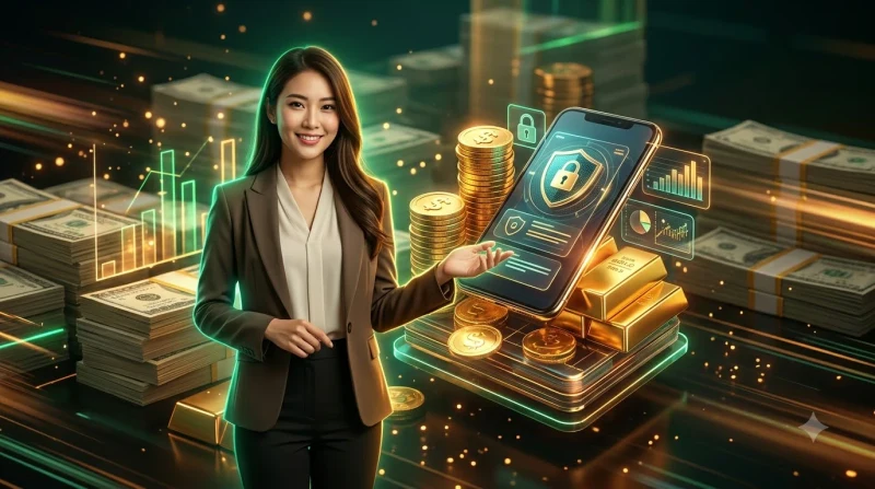Lá chắn bảo vệ với trái tim và đồng xu vàng, biểu tượng an toàn và lợi ích