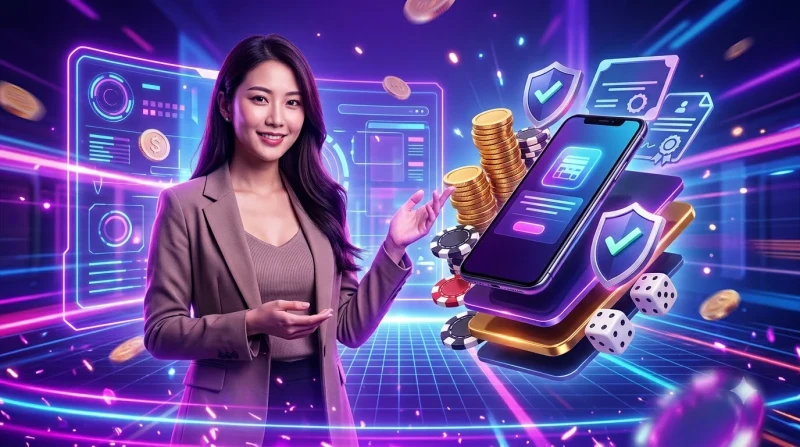 Người phụ nữ chuyên nghiệp cầm giấy chứng nhận vàng, tượng trưng cho lợi ích khi tham gia i9bet hợp pháp