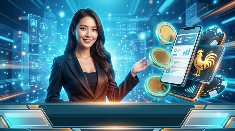 Nút phát sáng với hình gà chọi, cùng điện thoại, cúp vàng và tiền xu, thể hiện lợi ích của đá gà online tại i9bet