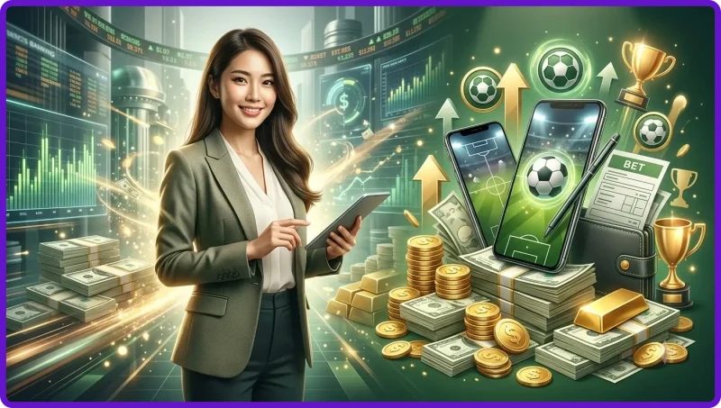 Sân vận động bóng đá về đêm với quả bóng vàng phát sáng và biểu đồ tỷ lệ cược