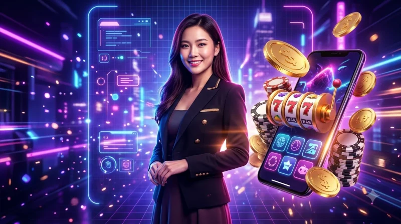Sảnh nổ hũ i9bet với slot machine vàng và hiệu ứng neon rực rỡ