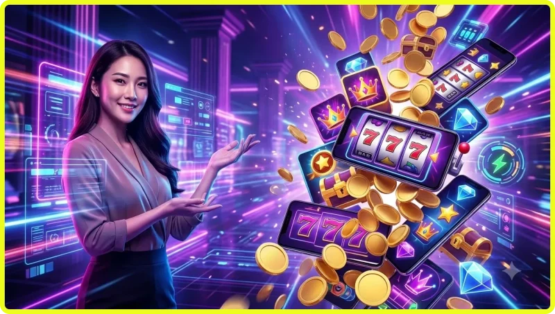 Sảnh nổ hũ i9bet với slot machine vàng và hiệu ứng neon rực rỡ