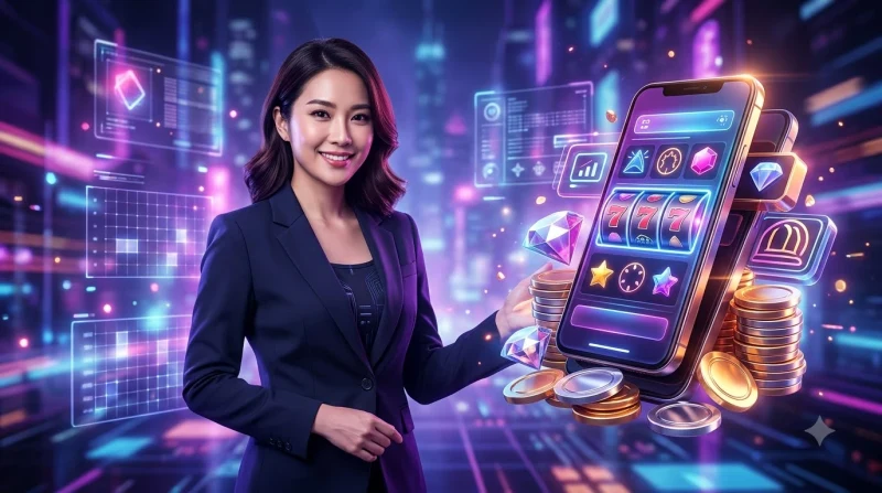 Tiêu chí chọn sảnh nổ hũ uy tín: slot machine vàng, đồng xu, ánh sáng neon