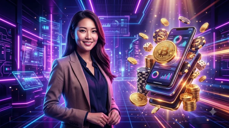 Xúc xắc tài xỉu bay trong không gian neon với đồng xu kỹ thuật số