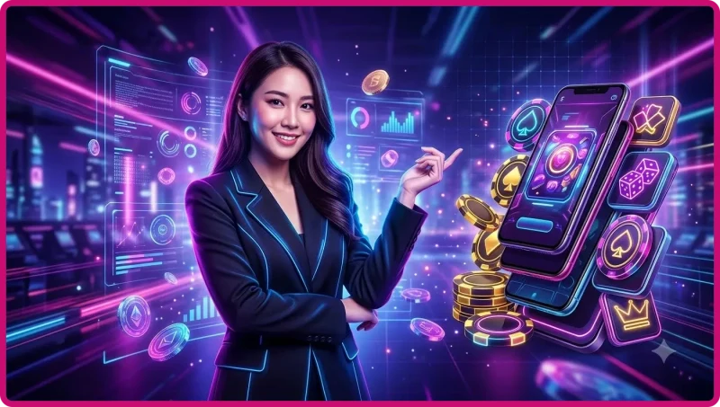 Xúc xắc tài xỉu bay trong không gian neon với đồng xu kỹ thuật số